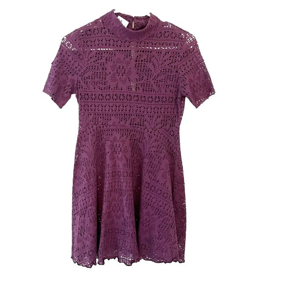 Free People Beach Women Purple A Line Dress S Short Sleeve Lace Floral Mock Neck - Picture 1 of 12